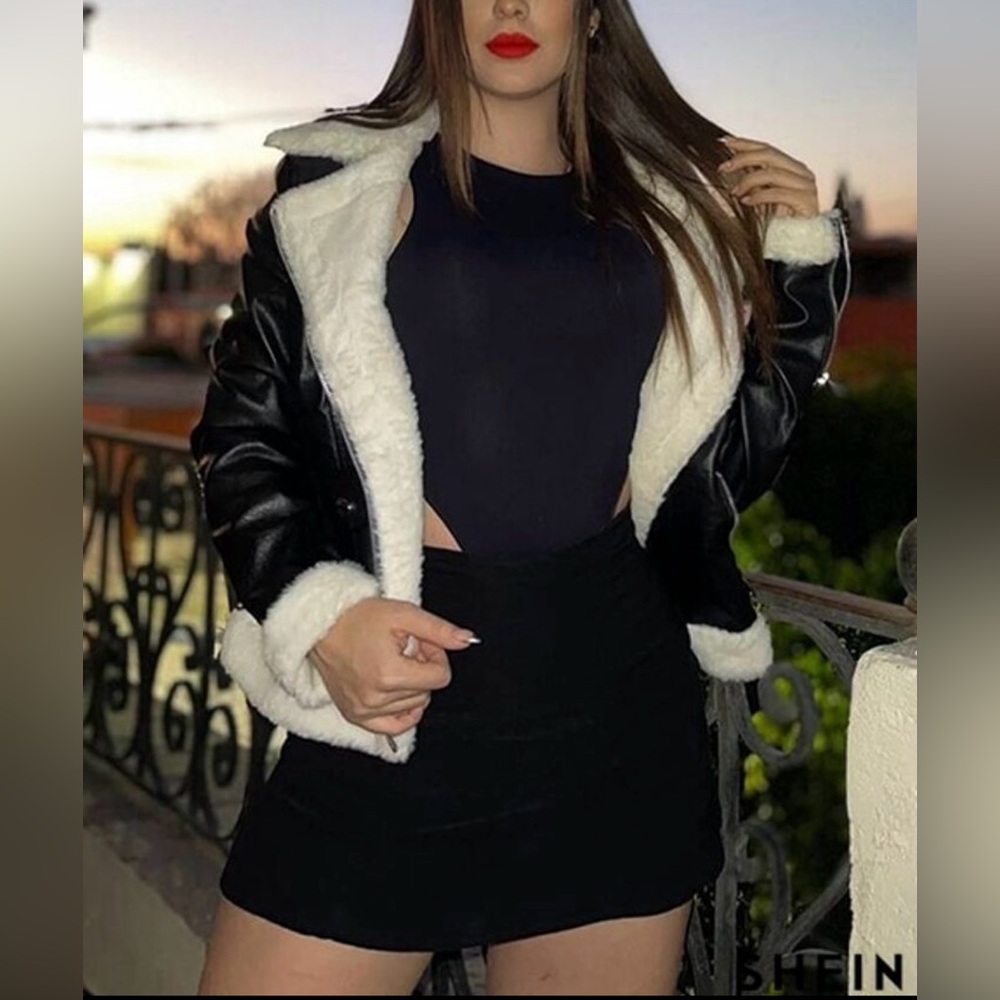 Apperloth A Fleece Lined Zip Up PU Leather Moto Jacket